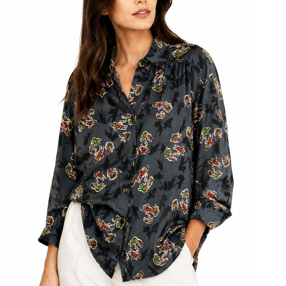 Diane Von Furstenberg 90s Hawaiian Novelty Print Blouse Hula Tropical Shirt M